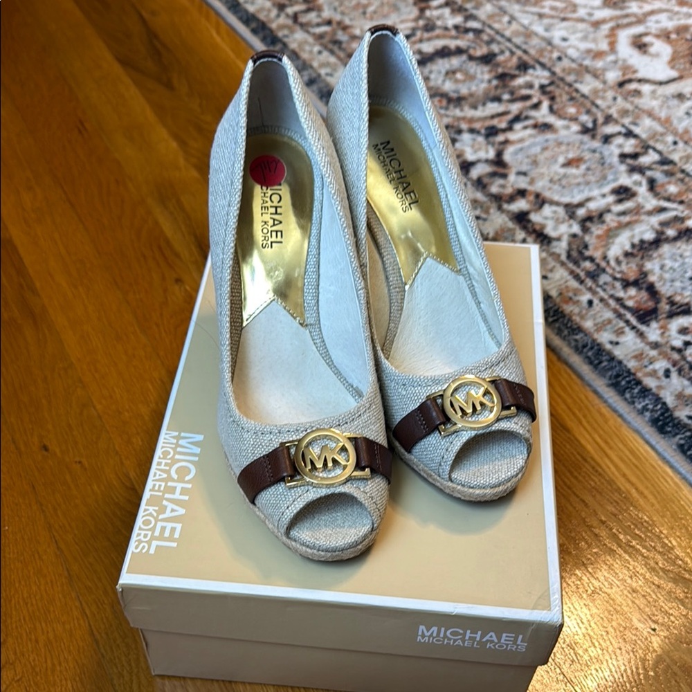 Michael Kors Cream and Brown Peep Toe Wedges
